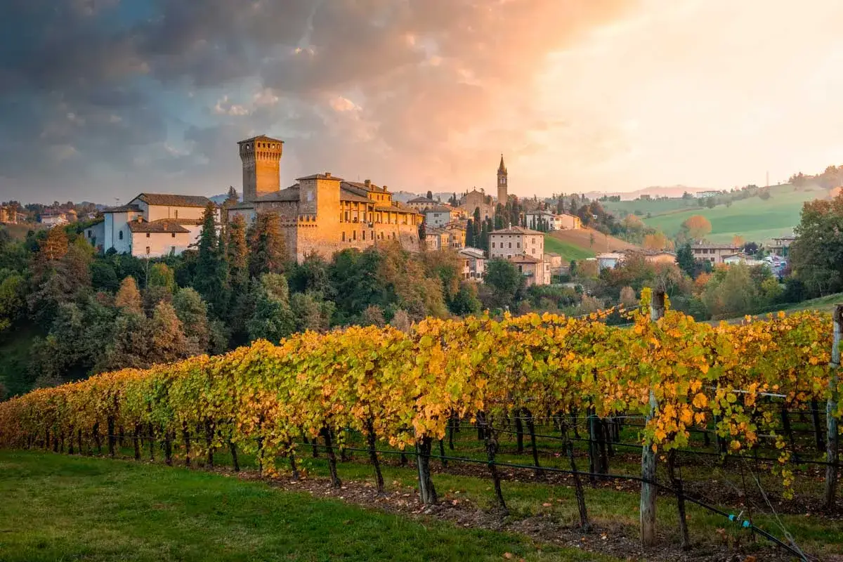 Vigneti dorati e un borgo medievale con torre, un'incantevole vista sull'Appennino bolognese cosa vedere.