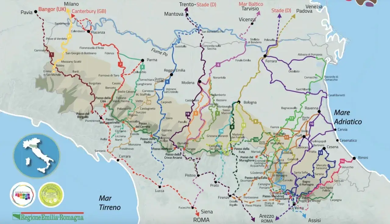 Mappa dei cammini in Emilia-Romagna, con Parma evidenziata. Percorsi che attraversano la regione, collegando città e borghi storici.