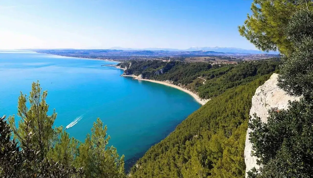 Vista mozzafiato di una località sulla riviera del Conero, con mare azzurro, spiagge dorate e una rigogliosa pineta che scende verso il mare.