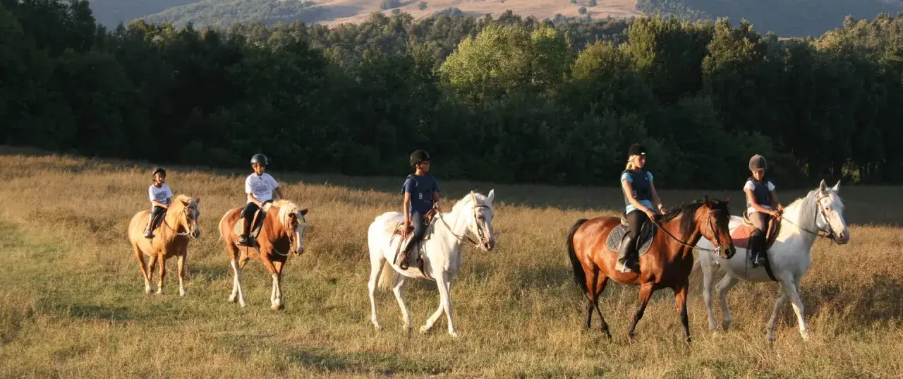 Bambini e adulti godono di una passeggiata a cavallo toscana attraverso un prato dorato, con dolci colline boscose sullo sfondo.