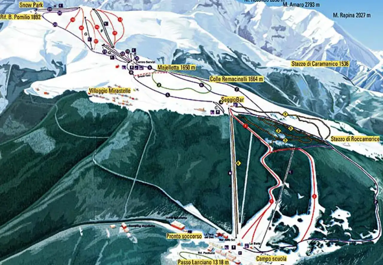 Mappa delle piste da sci in Abruzzo: Majelletta, Passo Lanciano e Snow Park. Ideale per chi cerca dove si scia in Abruzzo.