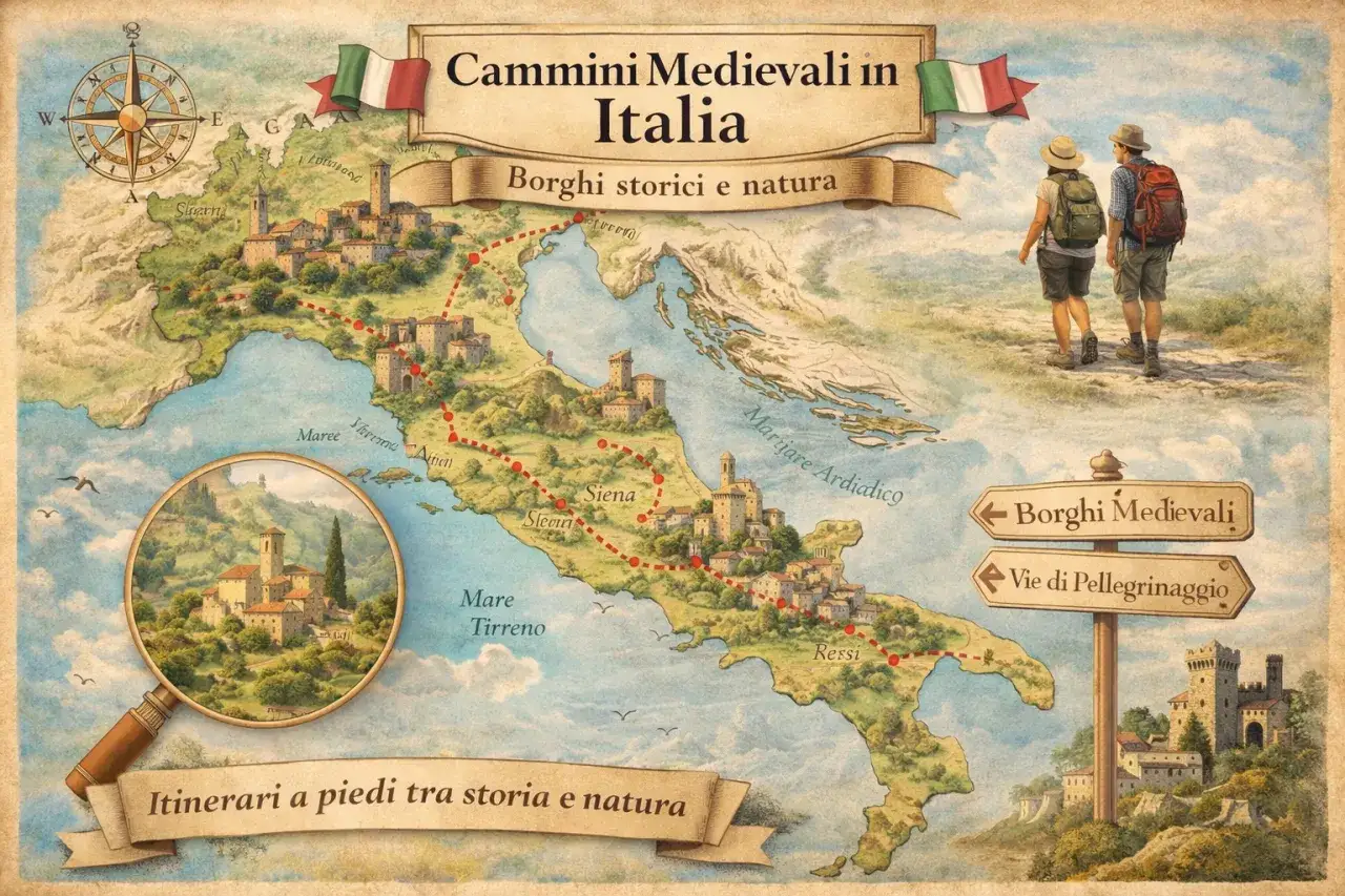 Mappa illustrata di cammini in Italia, con borghi medievali, sentieri e due escursionisti.