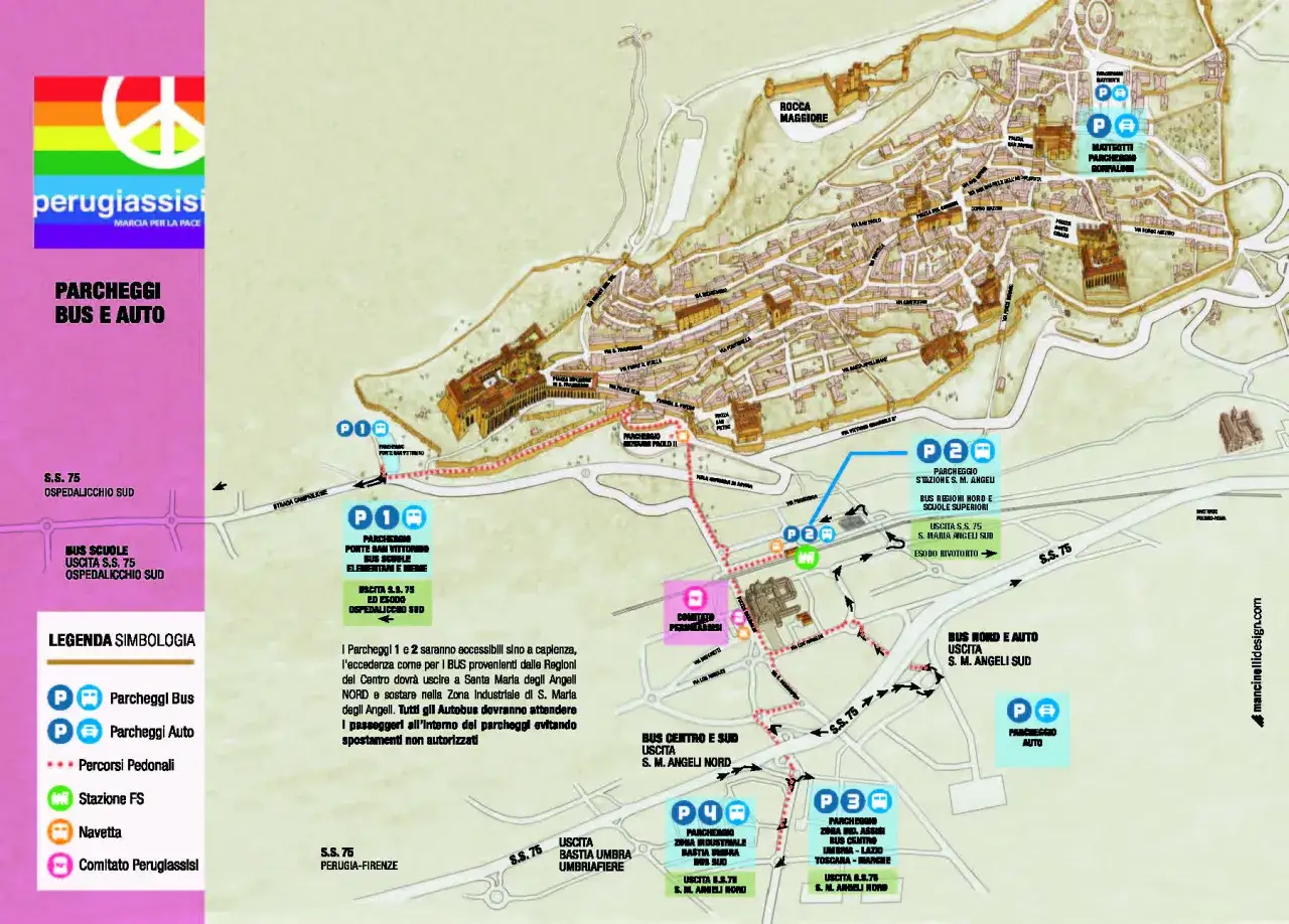 Mappa di Assisi con indicazioni per parcheggi bus e auto, inclusi parcheggi gratuiti.
