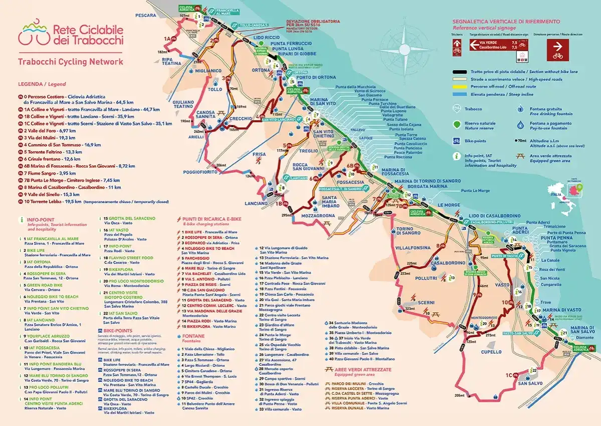 Mappa della via verde della costa dei trabocchi, con percorsi ciclabili, punti di interesse e aree verdi.