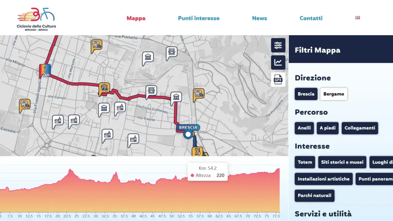 Mappa interattiva della ciclovia Bergamo-Brescia con itinerari, punti di interesse e profilo altimetrico.