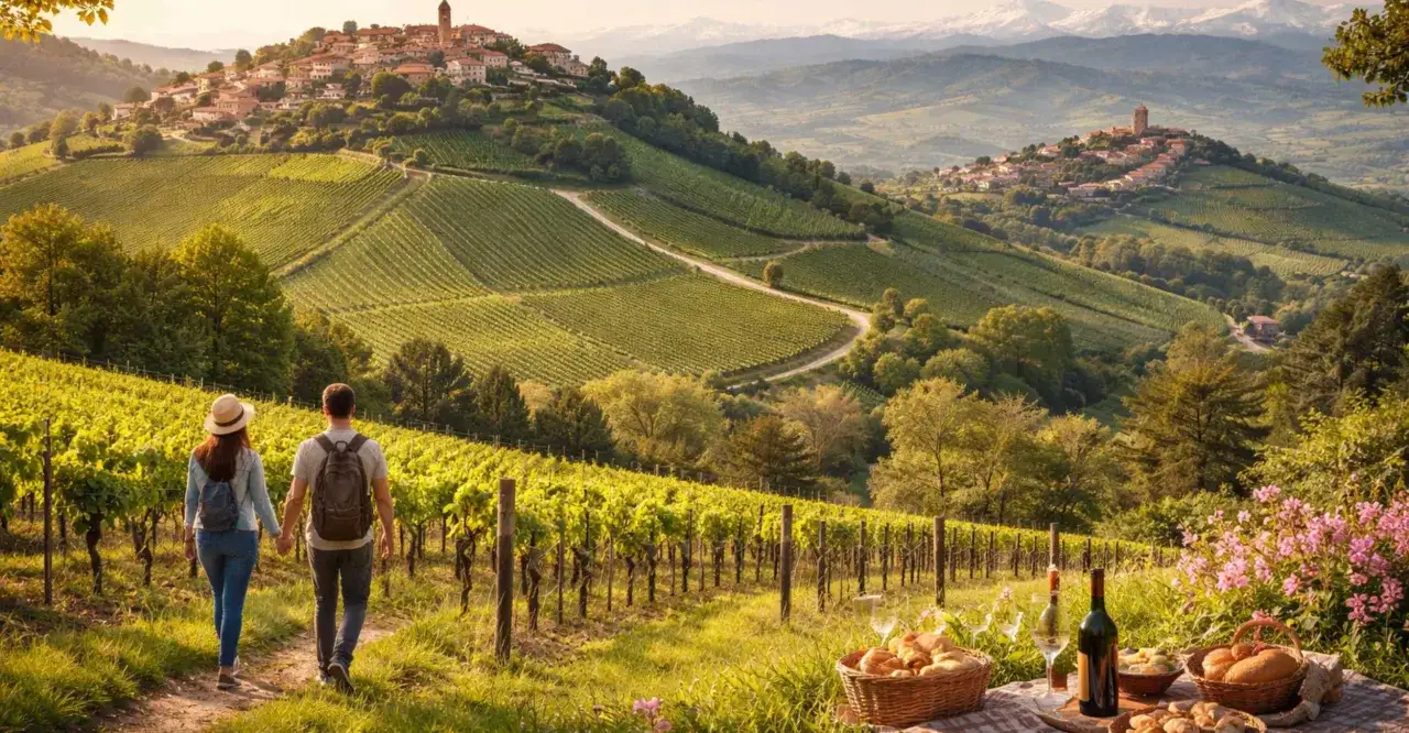 Coppia mano nella mano tra i vigneti, con borghi arroccati sulle colline. Le Langhe, paesi da visitare per panorami mozzafiato e sapori autentici.