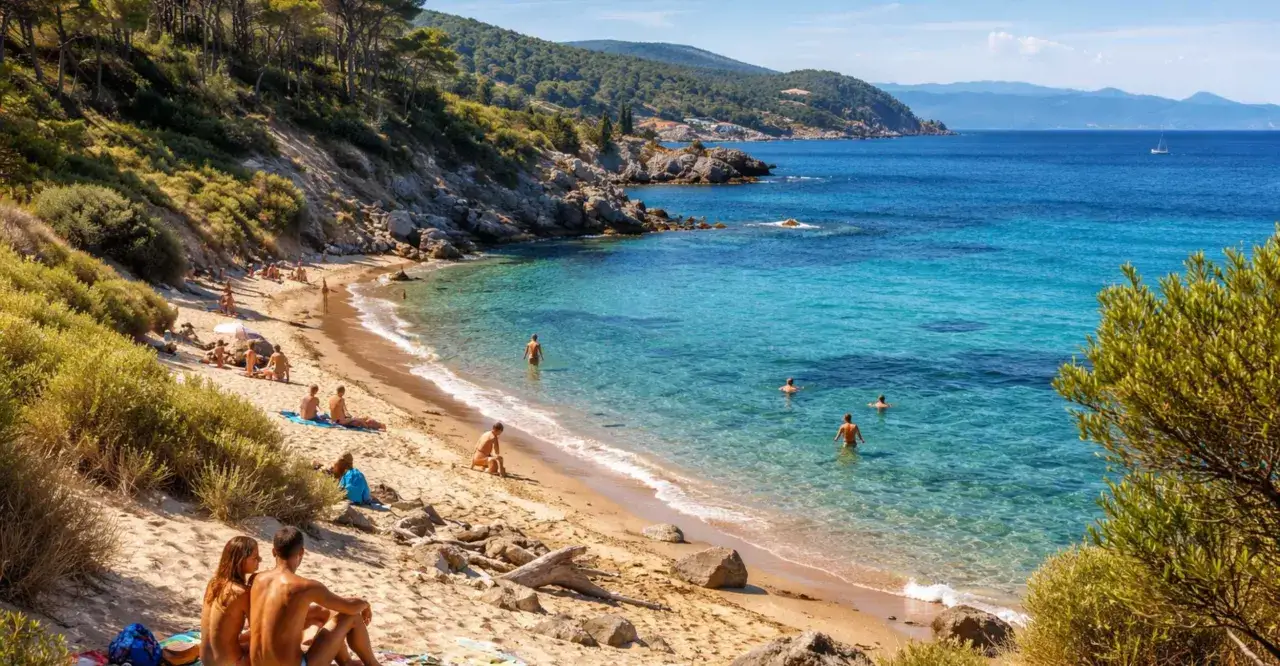 Coppia rilassata su una spiaggia di sabbia dorata, bagnanti in acqua cristallina. Un angolo di paradiso tra le spiagge naturiste Italia.