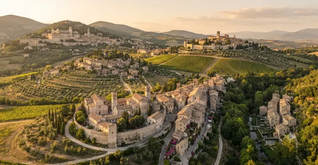 Un incantevole borgo in Umbria, con case in pietra, uliveti e vigneti che si estendono sulle colline.