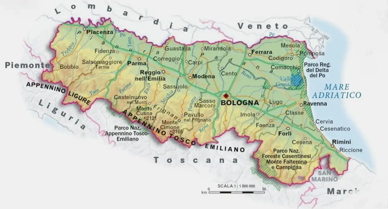 Mappa dell'Emilia-Romagna con Bologna al centro, che mostra le città della città riviera romagnola come Rimini e Riccione, e il Mare Adriatico.