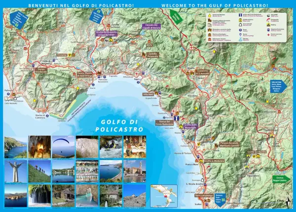 Mappa del Golfo di Policastro con Maratea, che mostra luoghi d'interesse, sentieri e bellezze naturali.