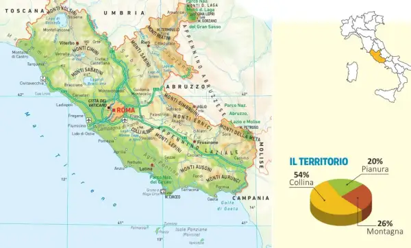 Il litorale laziale, con Roma al centro, si estende tra mare e monti. La mappa evidenzia la costa, i laghi e le catene montuose.