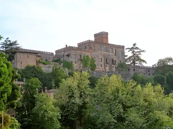Castello medievale su una collina, circondato da alberi verdi. Un esempio dei suggestivi borghi vicino Parma.