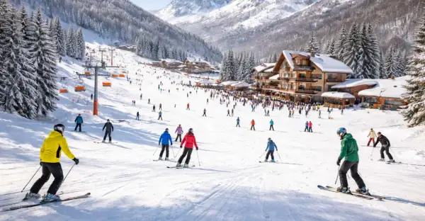 Sciare tra i **impianti sciistici del Centro Italia**, con seggiovie arancioni che salgono verso vette innevate e piste affollate di sciatori.