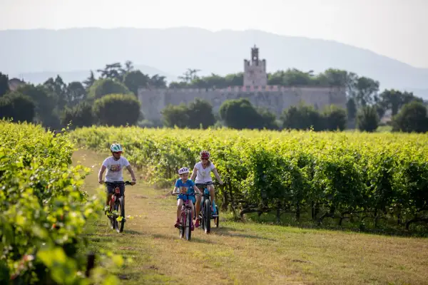 Famiglia in bicicletta tra i vigneti, con un castello sullo sfondo, lungo la ciclovia Bergamo Brescia.