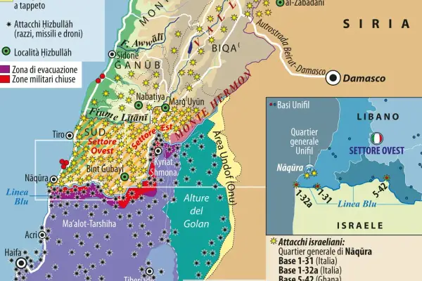Mappa del Libano e Siria: evidenzia attacchi Hizbullāh, zone di evacuazione e militari chiuse. Dove si trova Cento? Non è indicato.