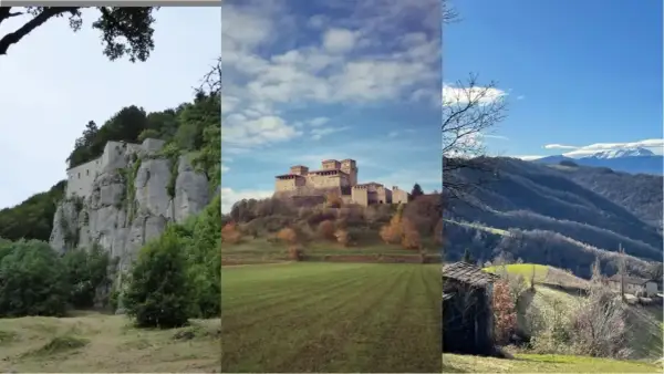 Trekking in Emilia Romagna: roccaforte su roccia, castello medievale e paesaggio appenninico innevato.