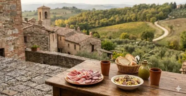 Un pasto delizioso con salumi, pasta e pane, affacciato su uno dei borghi umbri poco conosciuti, tra colline verdi e uliveti.