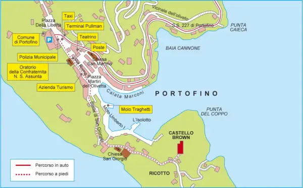 Mappa di Portofino: mostra il comune, il terminal Pullman, il Castello Brown, le chiese e i percorsi a piedi e in auto.