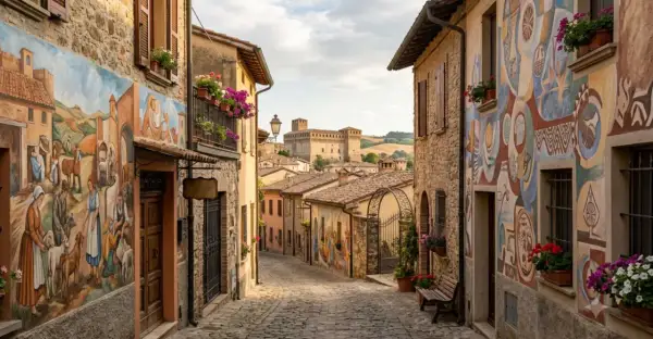 Un pittoresco borgo dei murales con case colorate, un castello in lontananza e un vicolo acciottolato.