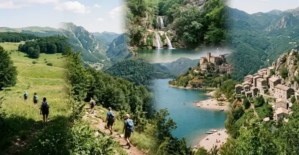 Escursionisti tra le verdi montagne nel Lazio, con cascate, un lago azzurro e borghi arroccati.