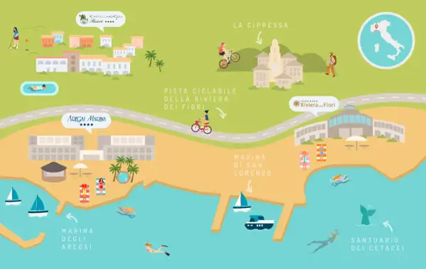 Mappa della pista ciclabile della Riviera dei Fiori: da Marina degli Arega, passando per la Marina di San Lorenzo, fino a La Cipressa.