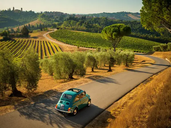 Un'iconica Fiat 500 azzurra percorre una strada tortuosa tra vigneti e ulivi nei **colli bolognesi**, con borghi arroccati all'orizzonte.