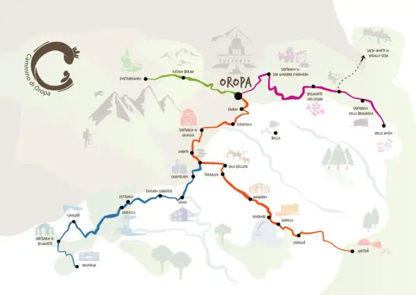 Mappa stilizzata dei cammini in Italia, con sentieri colorati che collegano santuari, rifugi e borghi, tra cui Oropa.