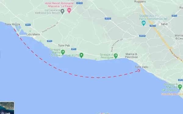 Maldive del Salento: la mappa mostra Torre Mozza, Lido Marini, Torre Pali, Spiaggia Marina di Salve, Lido ELITE, Spiaggia di Pescoluse, Marina di Pescoluse e Torre Vado.