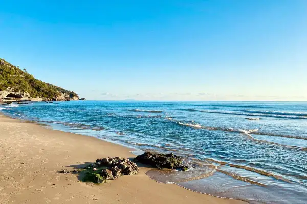 Spiaggia dorata e mare azzurro vicino a Roma. Le onde lambiscono rocce coperte di alghe, mentre una collina verde domina la costa.