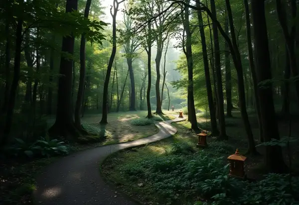 Sentiero serpeggiante in un bosco lussureggiante, ideale per cammini spirituali in Italia. Lanterne orientali illuminano il percorso.