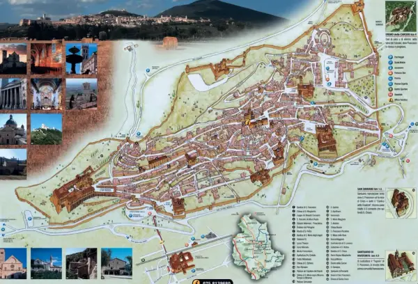 Mappa di Assisi, città medievale in Umbria, dove si trova la Basilica di San Francesco. Include scorci panoramici e dettagli dei monumenti.