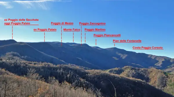 Panoramica del monte battaglia con varie cime etichettate: Poggio Palaio, Monte Falco, Poggio Piancancelli e altre.
