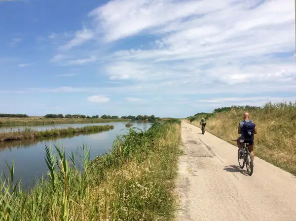 Cicloturismo in Emilia Romagna: due ciclisti pedalano su una strada sterrata lungo un canale, con vegetazione rigogliosa e cielo azzurro.
