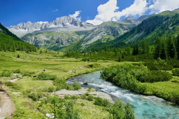 Un torrente cristallino scorre nel **Val di Fumo**, circondato da prati verdi e montagne imponenti.